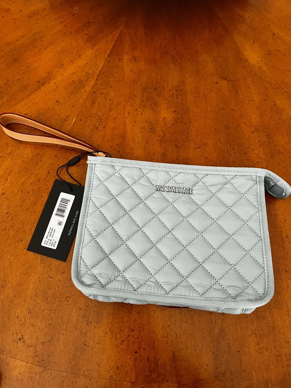 MZ Wallace Quilted Wristlet in Pale Gray with Tan Strap New With Tags